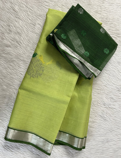 Zarikota saree Yellow Green colored Saree complemented with a Silver Zari border. - Sampradaya Designer Studio