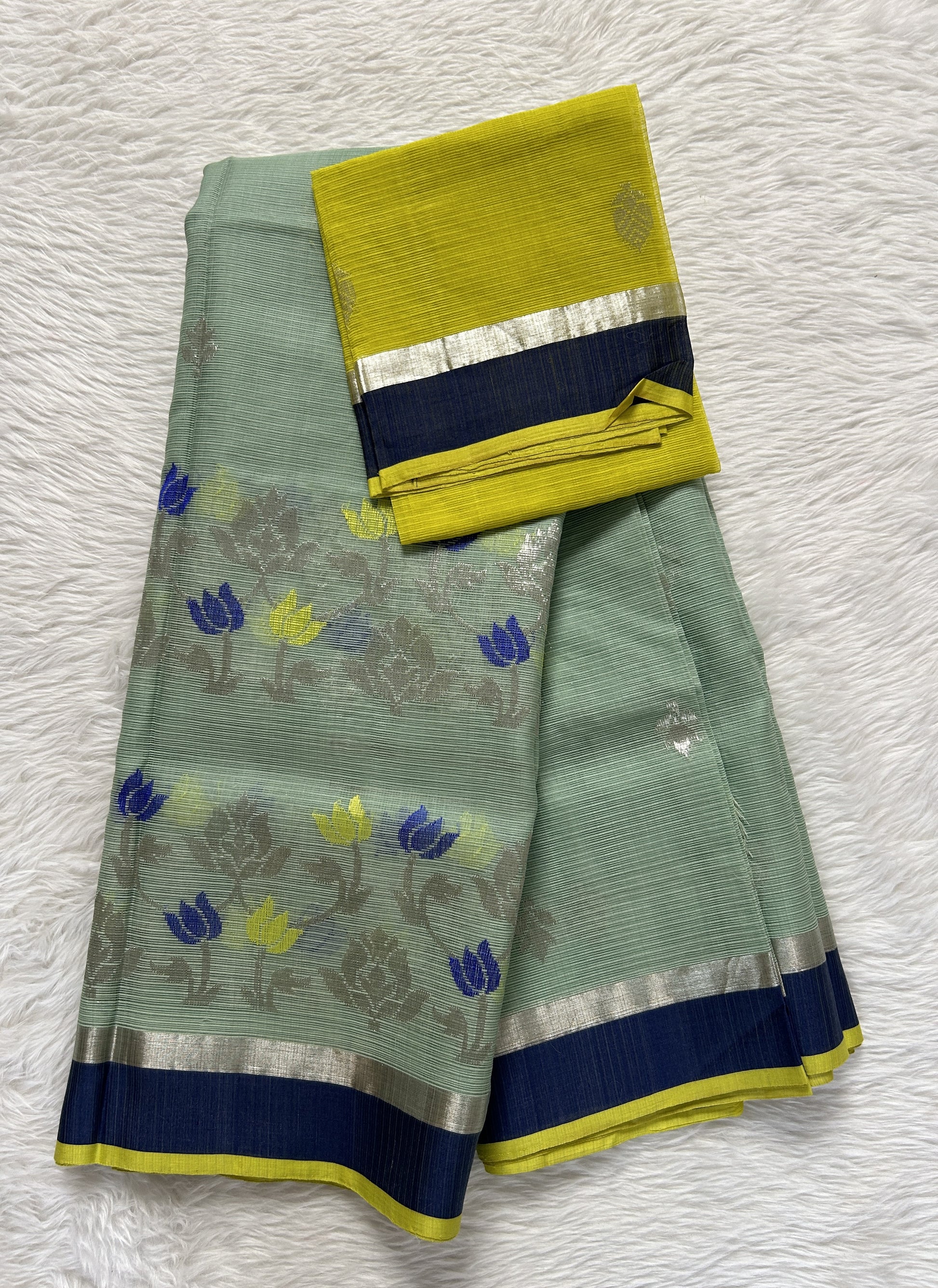 Zarikota saree Pastel Green colored Saree complemented with a Teal Blue Plain border. - Sampradaya Designer Studio