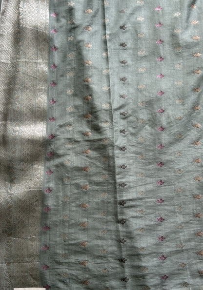 Semi Georgette Saree Grayish Blue Colored Complemented with a Zari Border. - Sampradaya Designer Studio