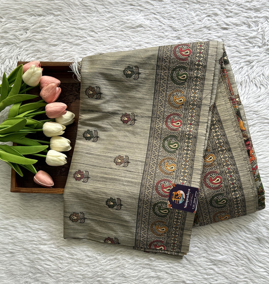 Semi Tussar Saree Gray Colored complemented with a Zari Border. - Sampradaya Designer Studio