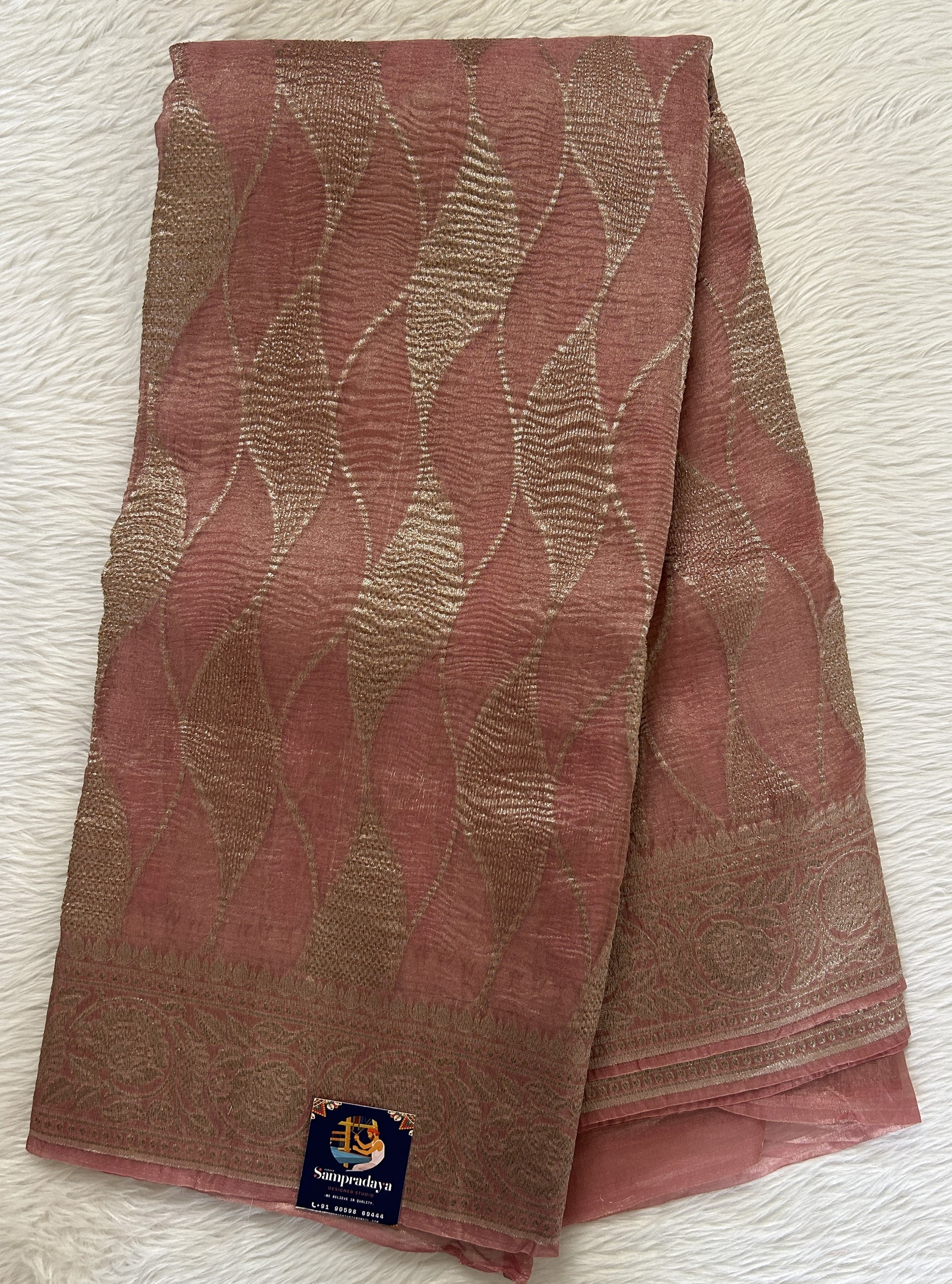 Banarasi Crushed Silk Saree Rose Pink colored Saree complemented with a Zari border. - Sampradaya Designer Studio