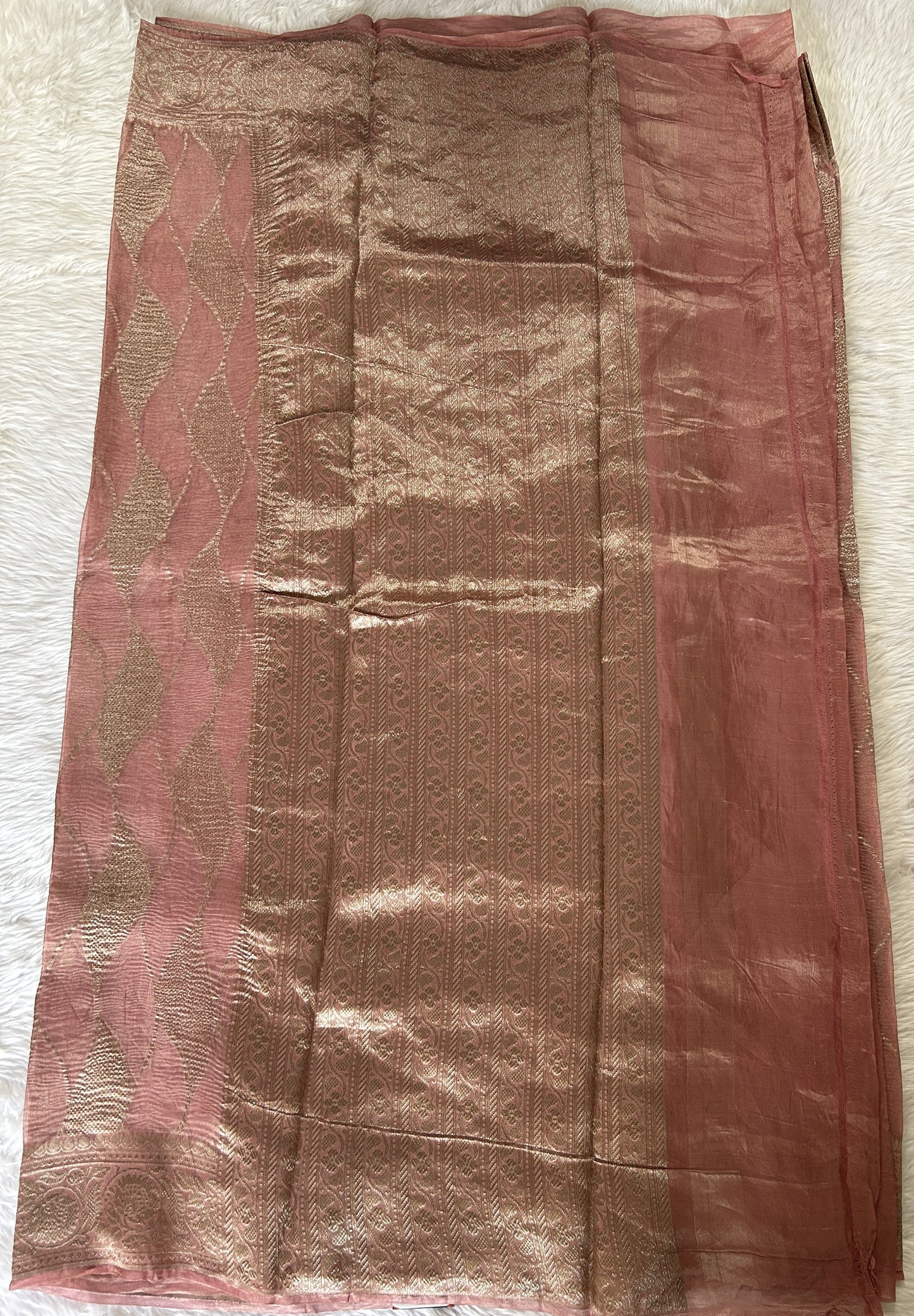 Banarasi Crushed Silk Saree Rose Pink colored Saree complemented with a Zari border. - Sampradaya Designer Studio