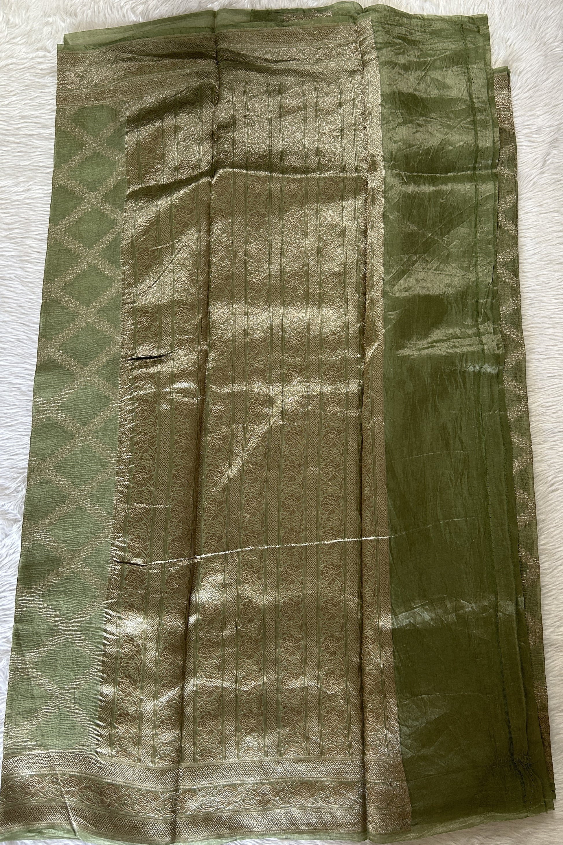 Banarasi Crushed Silk Saree Pale Light Green colored Saree complemented with a Zari border. - Sampradaya Designer Studio