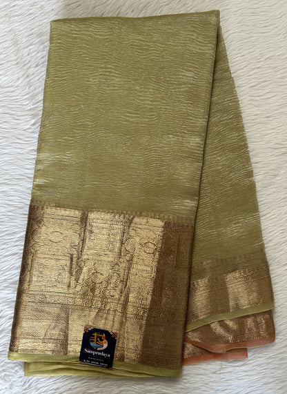 Banarasi Crushed Silk Saree Pastel Green colored Saree complemented with a Zari border. - Sampradaya Designer Studio