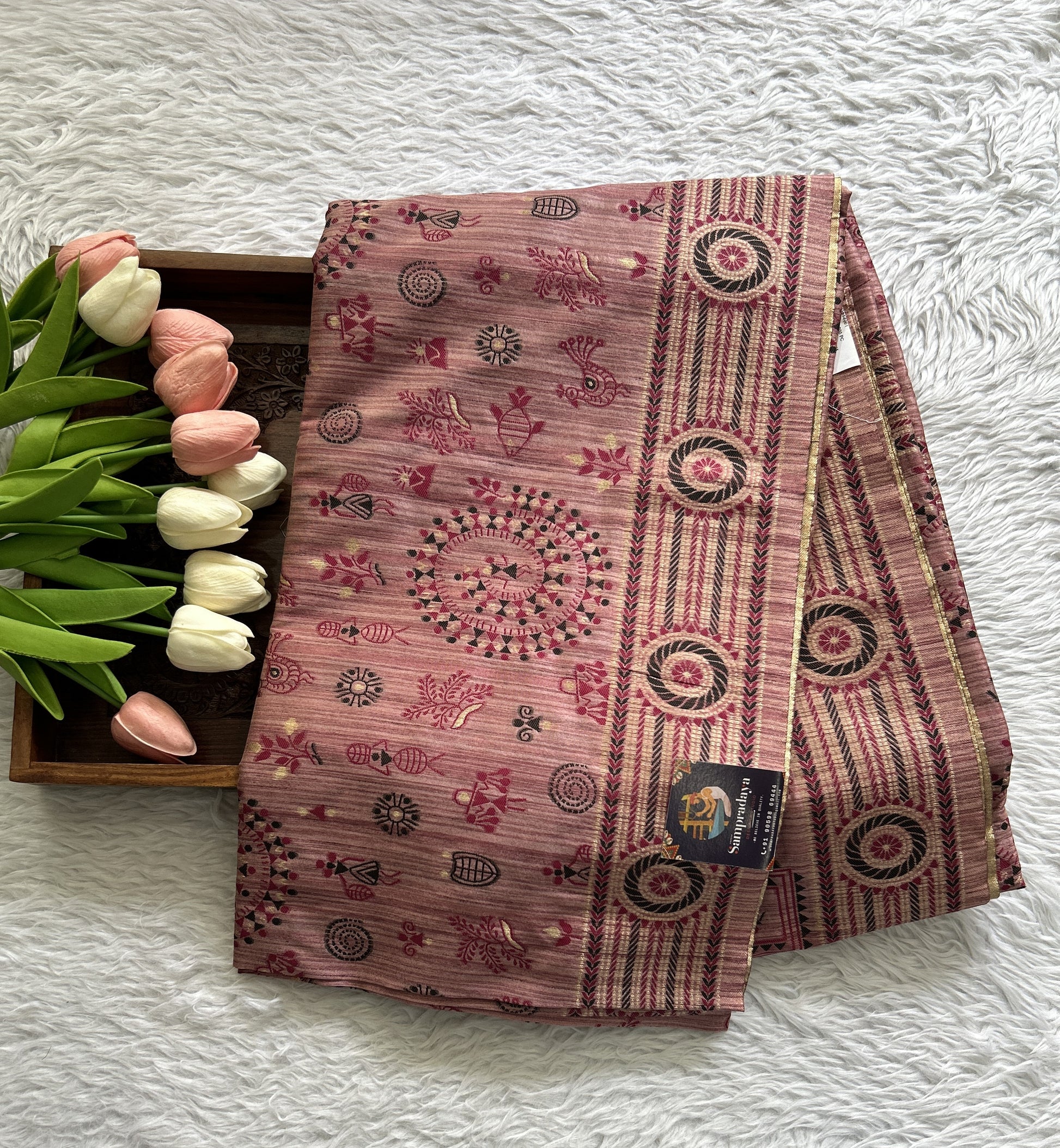 Semi Tussar Saree Dark Pink Colored complemented with a Zari Border. - Sampradaya Designer Studio