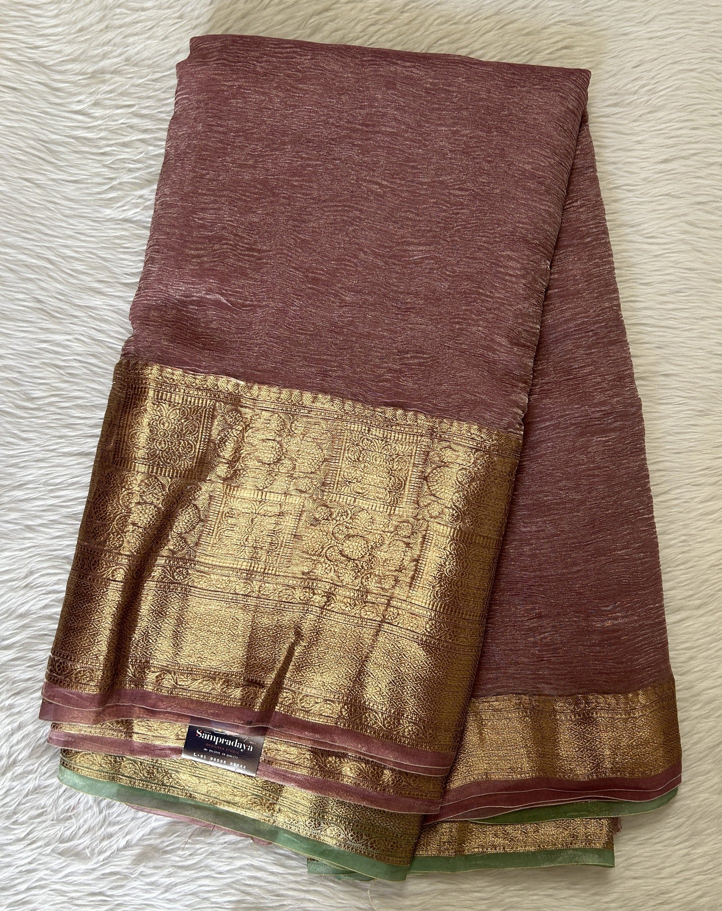 Banarasi Crushed Silk Saree Onion Pink colored Saree complemented with a Zari border. - Sampradaya Designer Studio