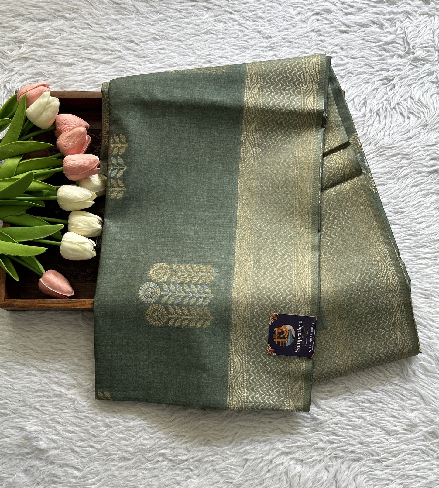 Semi Tussar Saree Olive Green Colored complemented with a Borderless. - Sampradaya Designer Studio