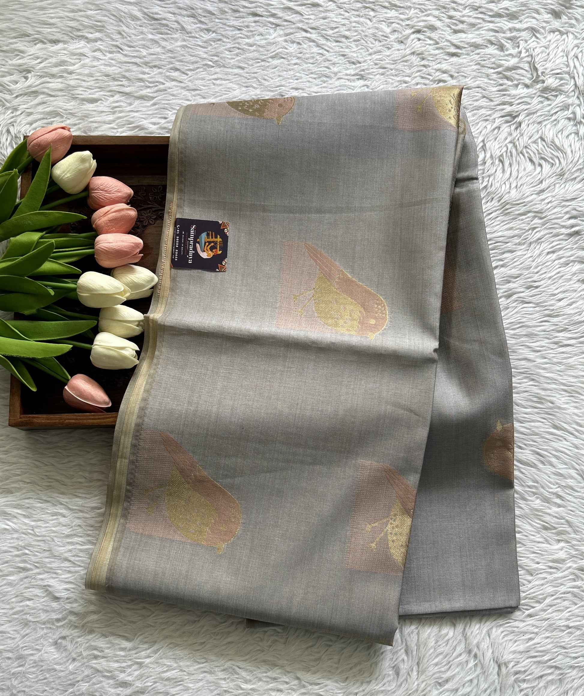 Semi Tussar Saree Light Gray Colored complemented with a Borderless. - Sampradaya Designer Studio