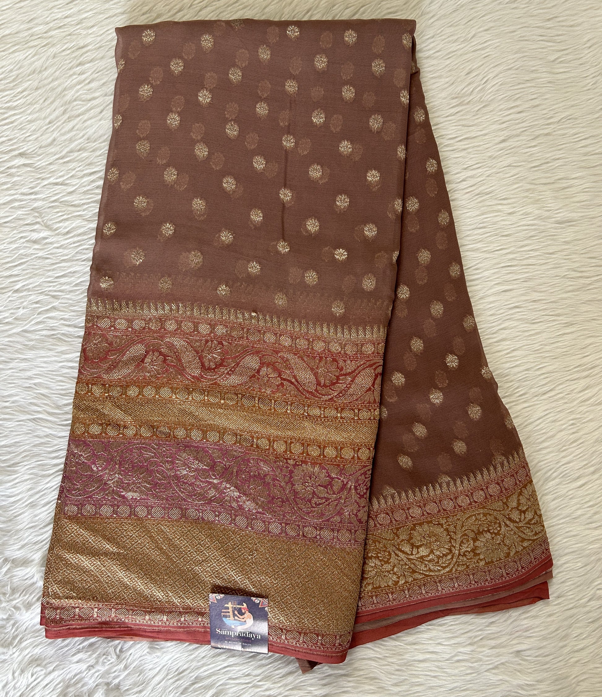 Banarasi Georgette Silk Saree Mauve colored Saree complemented with a Onion Pink and Yellow Colored Light Gold Zari border. - Sampradaya Designer Studio