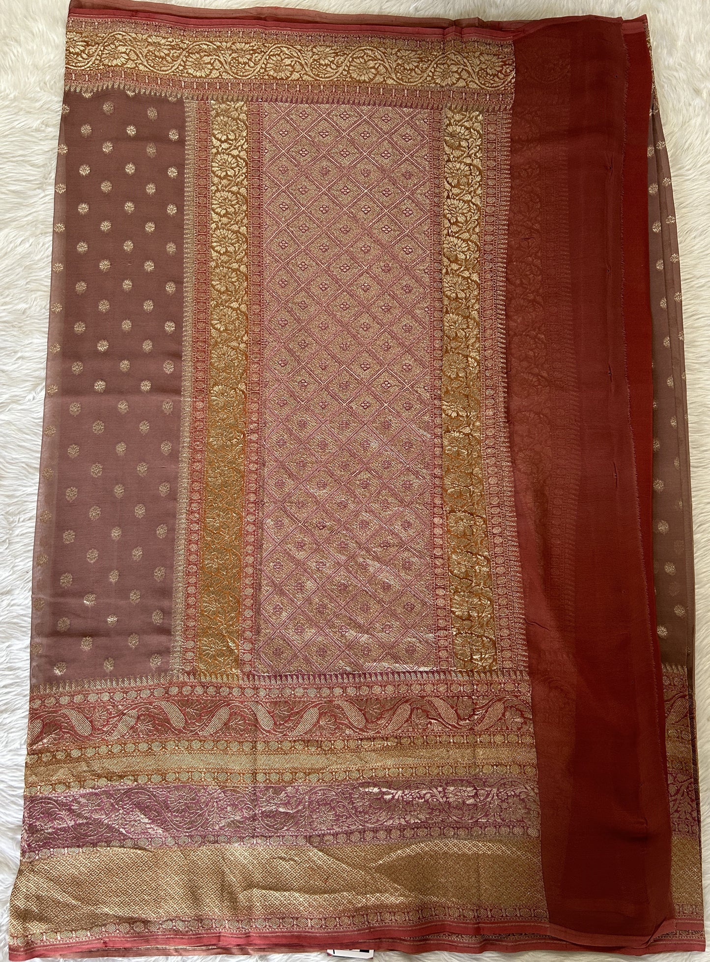 Banarasi Georgette Silk Saree Mauve colored Saree complemented with a Onion Pink and Yellow Colored Light Gold Zari border. - Sampradaya Designer Studio