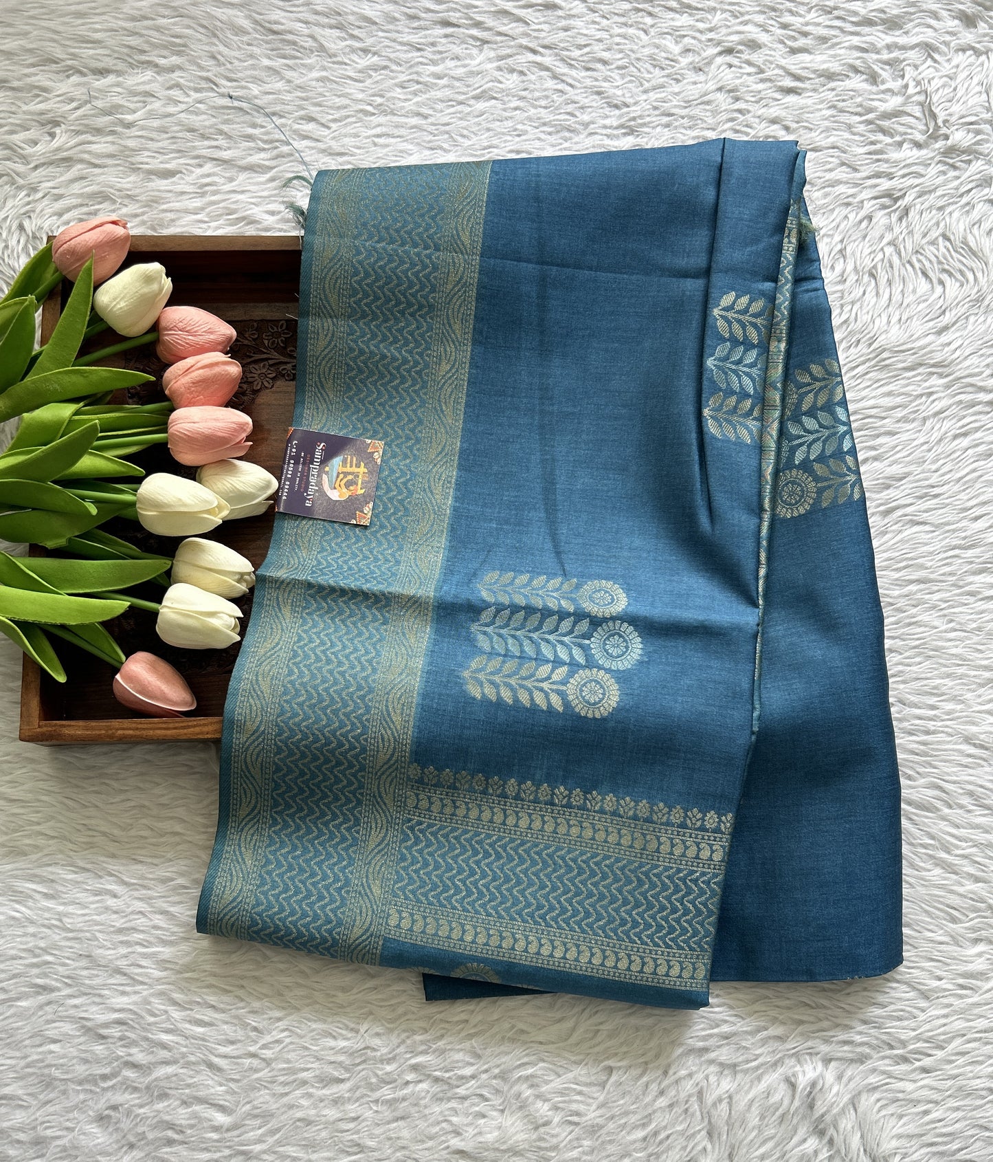 Semi Tussar Saree Ink Blue Colored complemented with a Borderless. - Sampradaya Designer Studio