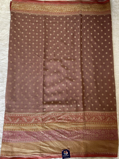 Banarasi Georgette Silk Saree Mauve colored Saree complemented with a Onion Pink and Yellow Colored Light Gold Zari border. - Sampradaya Designer Studio