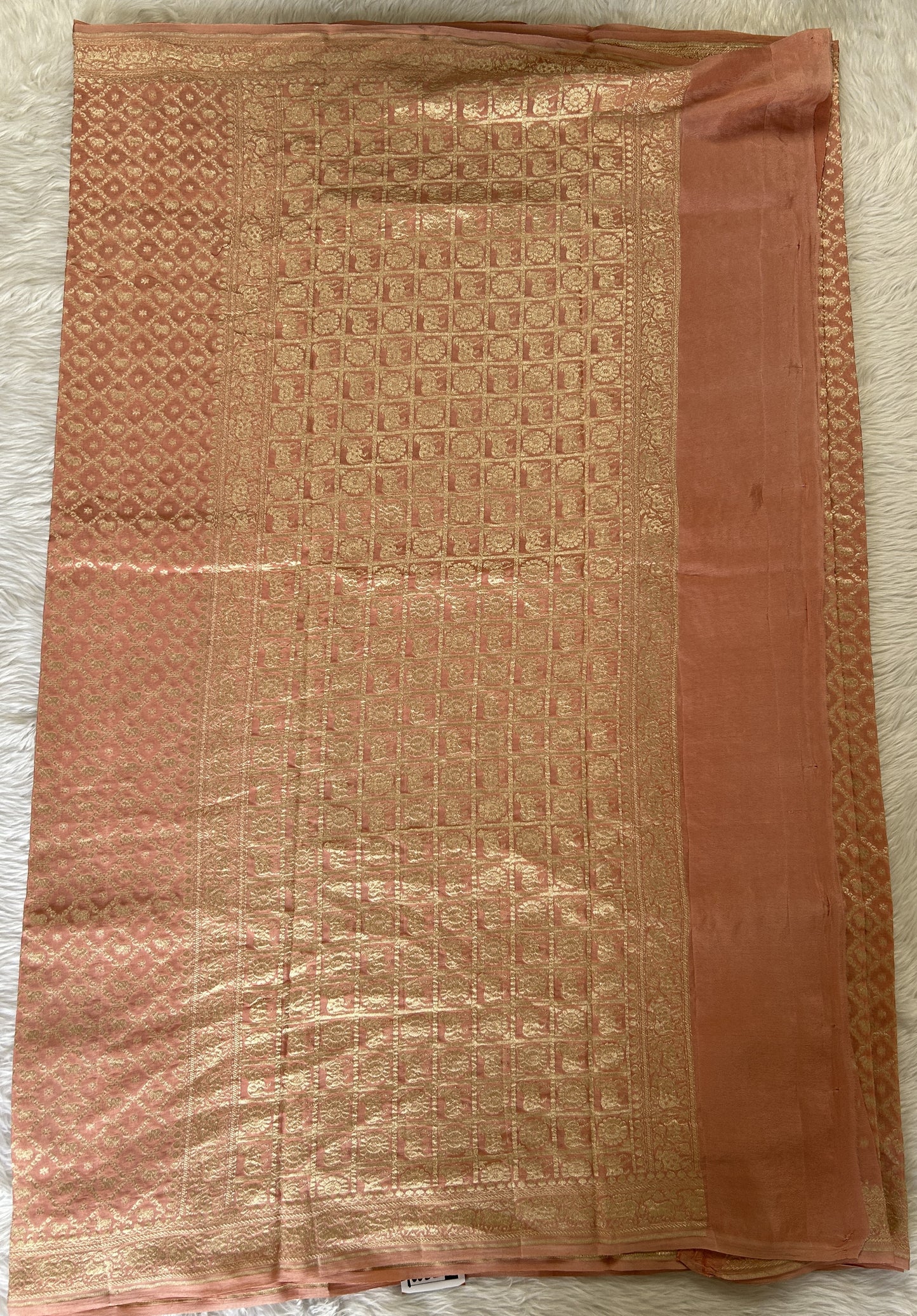 Banarasi Georgette Silk Saree Peach colored Saree complemented with a Light Gold Zari border. - Sampradaya Designer Studio