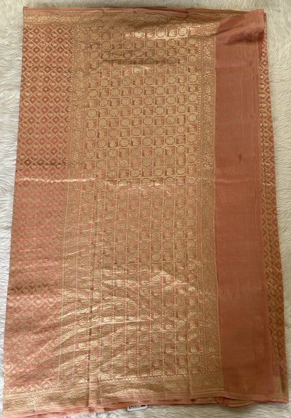 Banarasi Georgette Silk Saree Peach colored Saree complemented with a Light Gold Zari border. - Sampradaya Designer Studio