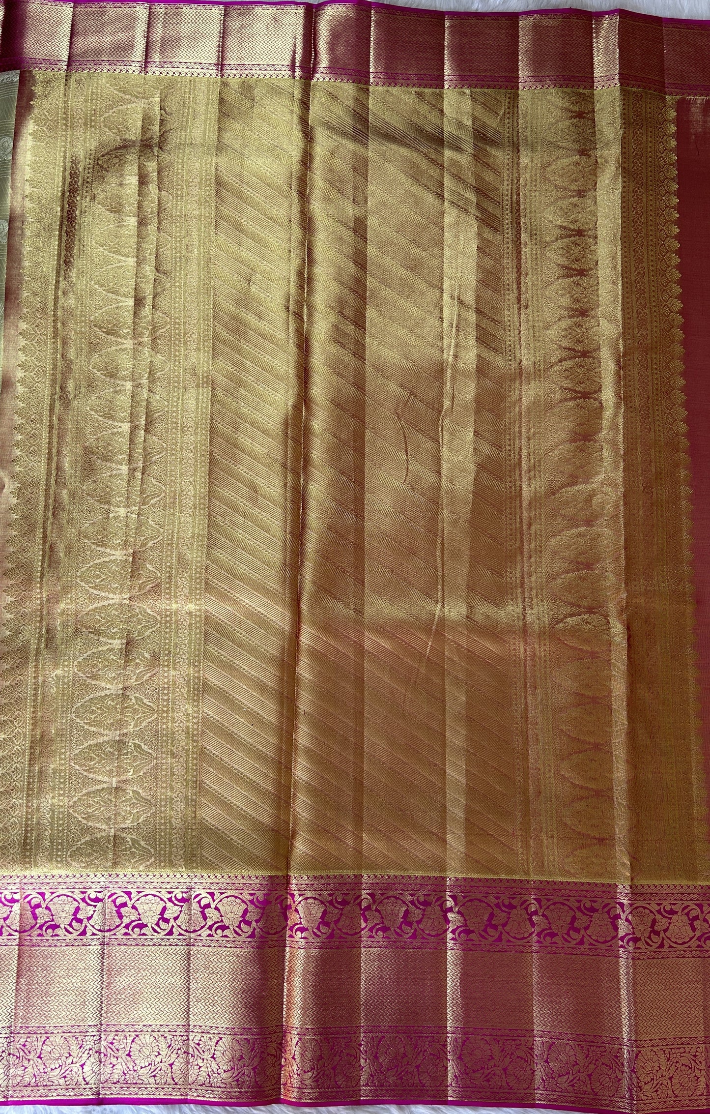 Kanjivaram Bridal Silk Saree Cream colored Saree complemented with a Pink Colored Kanchi border. - Sampradaya Designer Studio