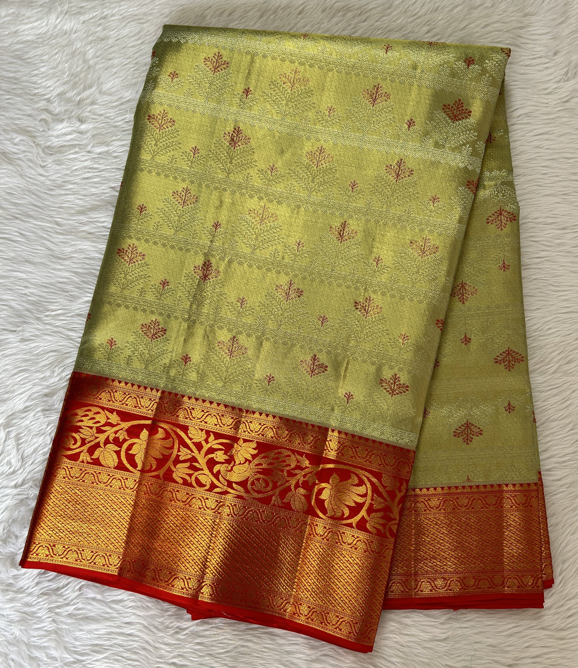 Kanjivaram Bridal Silk Saree Pastel Green colored Saree complemented with a Red Colored Kanchi border. - Sampradaya Designer Studio