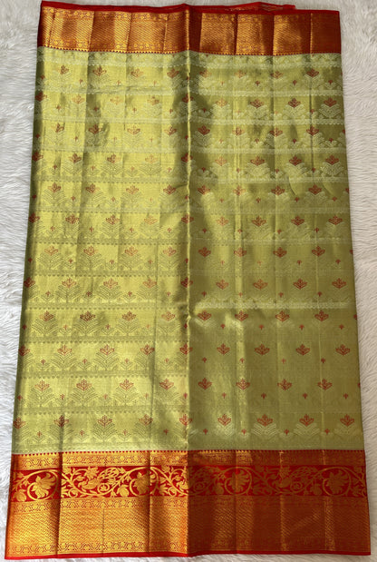 Kanjivaram Bridal Silk Saree Pastel Green colored Saree complemented with a Red Colored Kanchi border. - Sampradaya Designer Studio