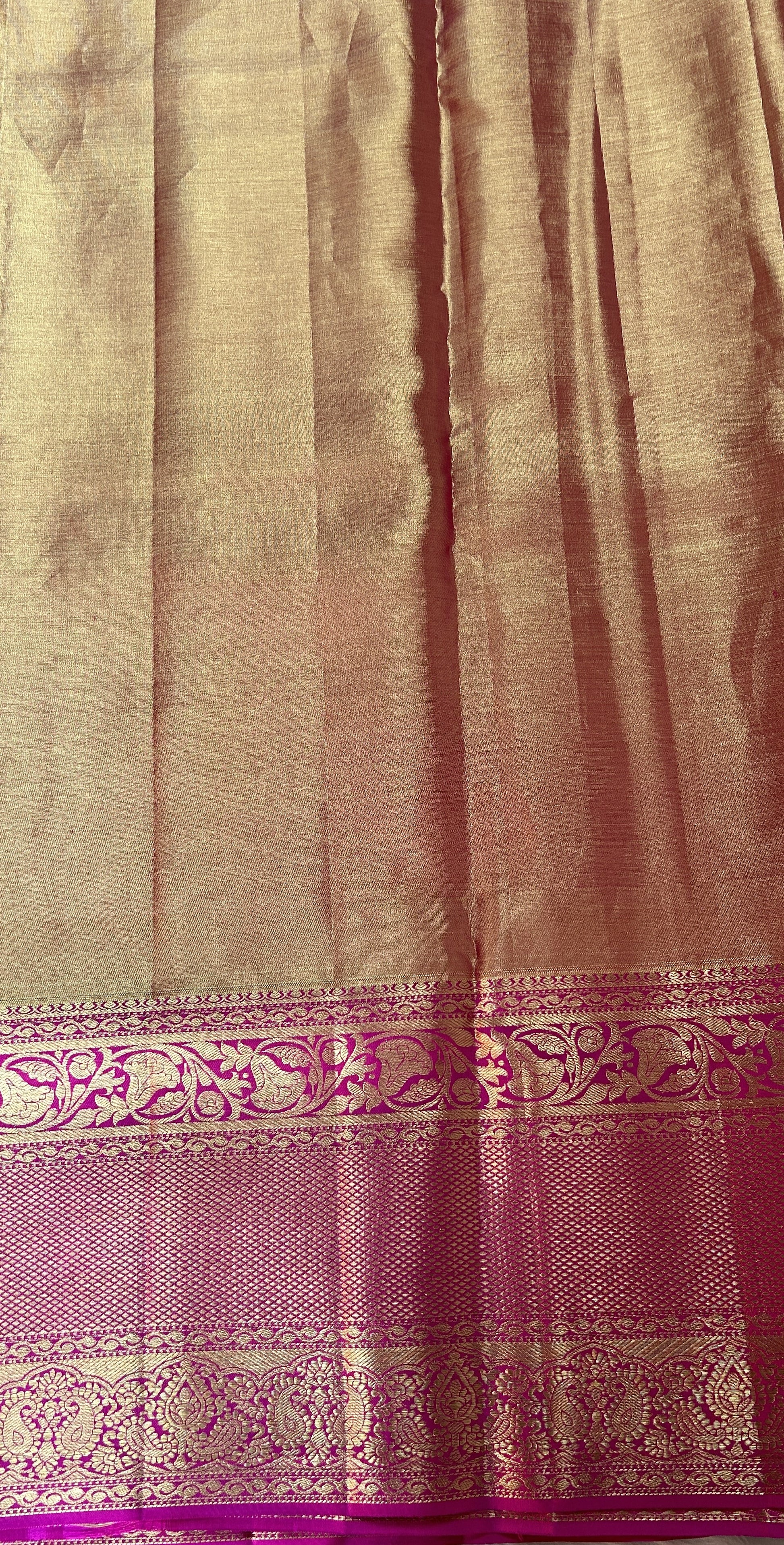 Kanjivaram Bridal Silk Saree Parrot Green colored Saree complemented with a Pink Colored Kanchi border. - Sampradaya Designer Studio