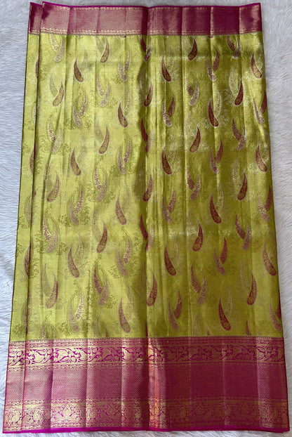 Kanjivaram Bridal Silk Saree Parrot Green colored Saree complemented with a Pink Colored Kanchi border. - Sampradaya Designer Studio