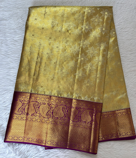 Kanjivaram Bridal Silk Saree Gold colored Saree complemented with a Purple Colored Kanchi border. - Sampradaya Designer Studio