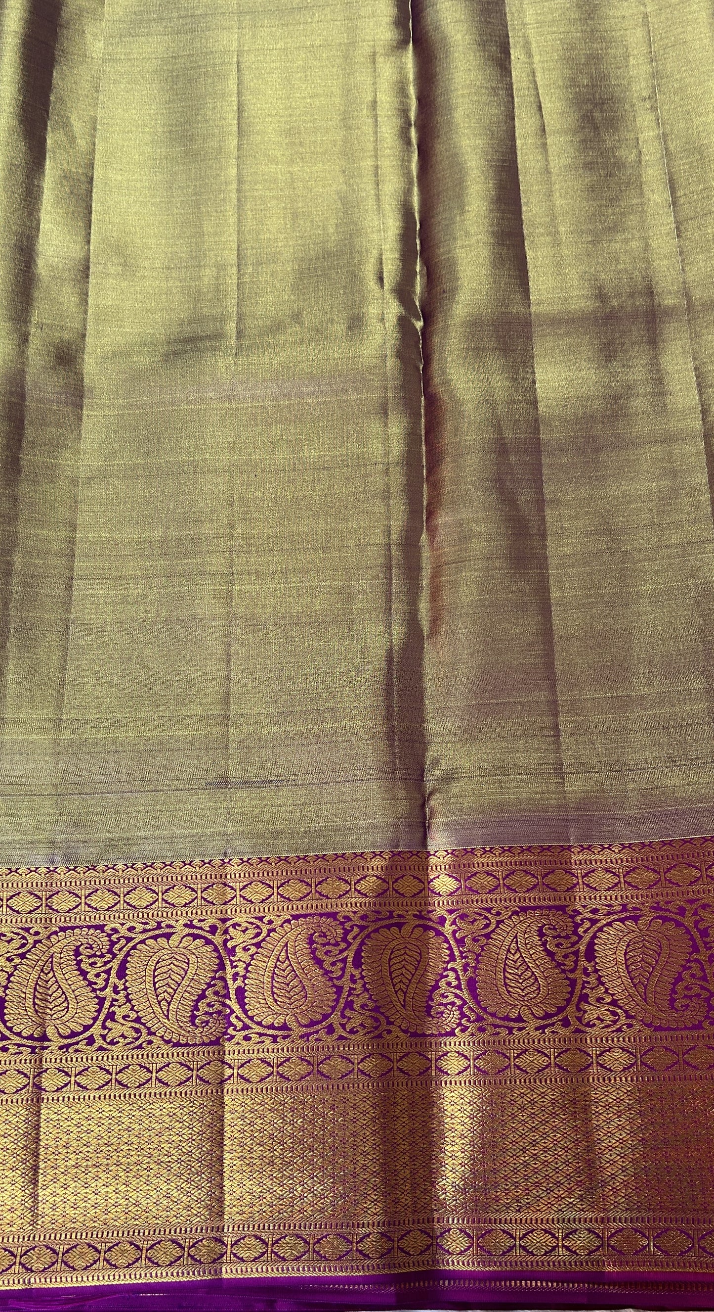 Kanjivaram Bridal Silk Saree Gold colored Saree complemented with a Purple Colored Kanchi border. - Sampradaya Designer Studio