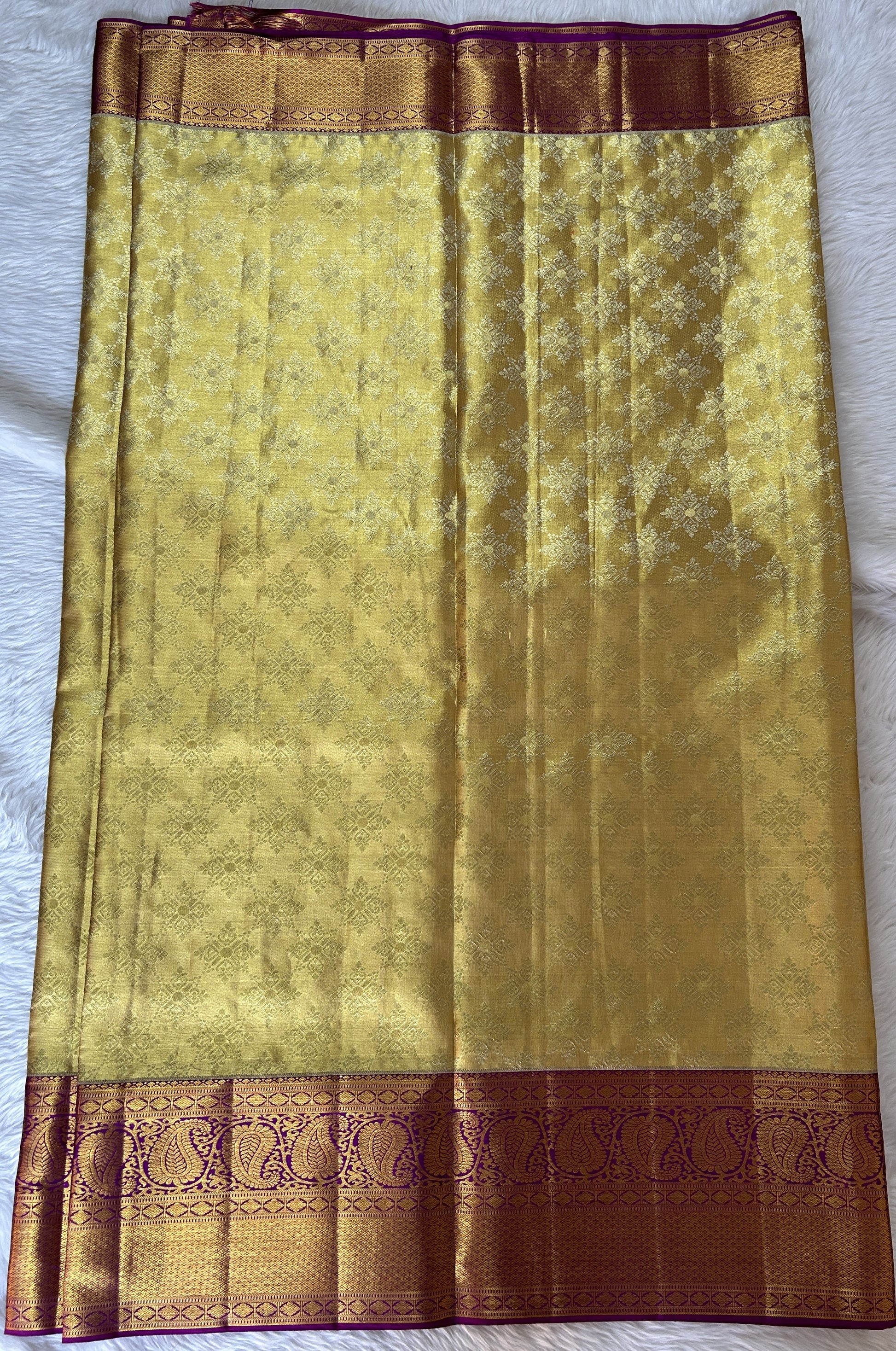 Kanjivaram Bridal Silk Saree Gold colored Saree complemented with a Purple Colored Kanchi border. - Sampradaya Designer Studio