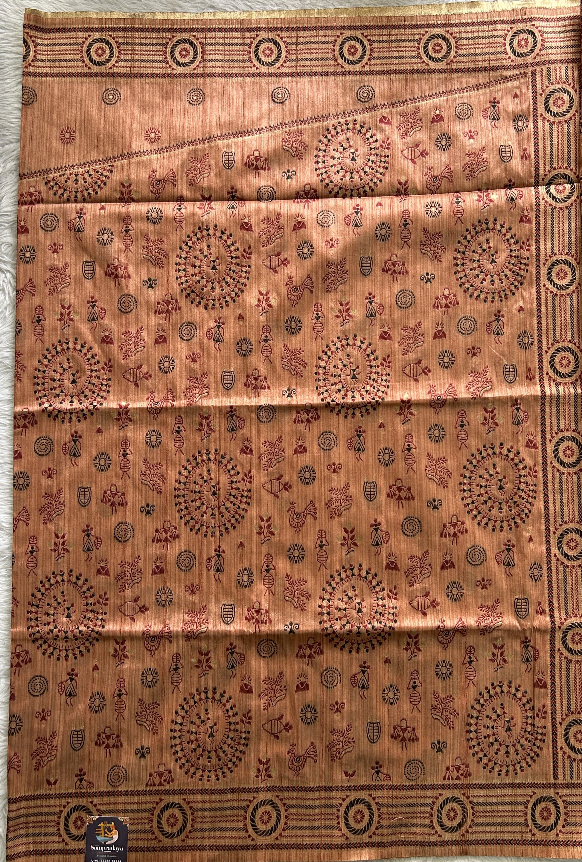 Semi Tussar Saree Dark Peach Colored complemented with a Zari Border. - Sampradaya Designer Studio