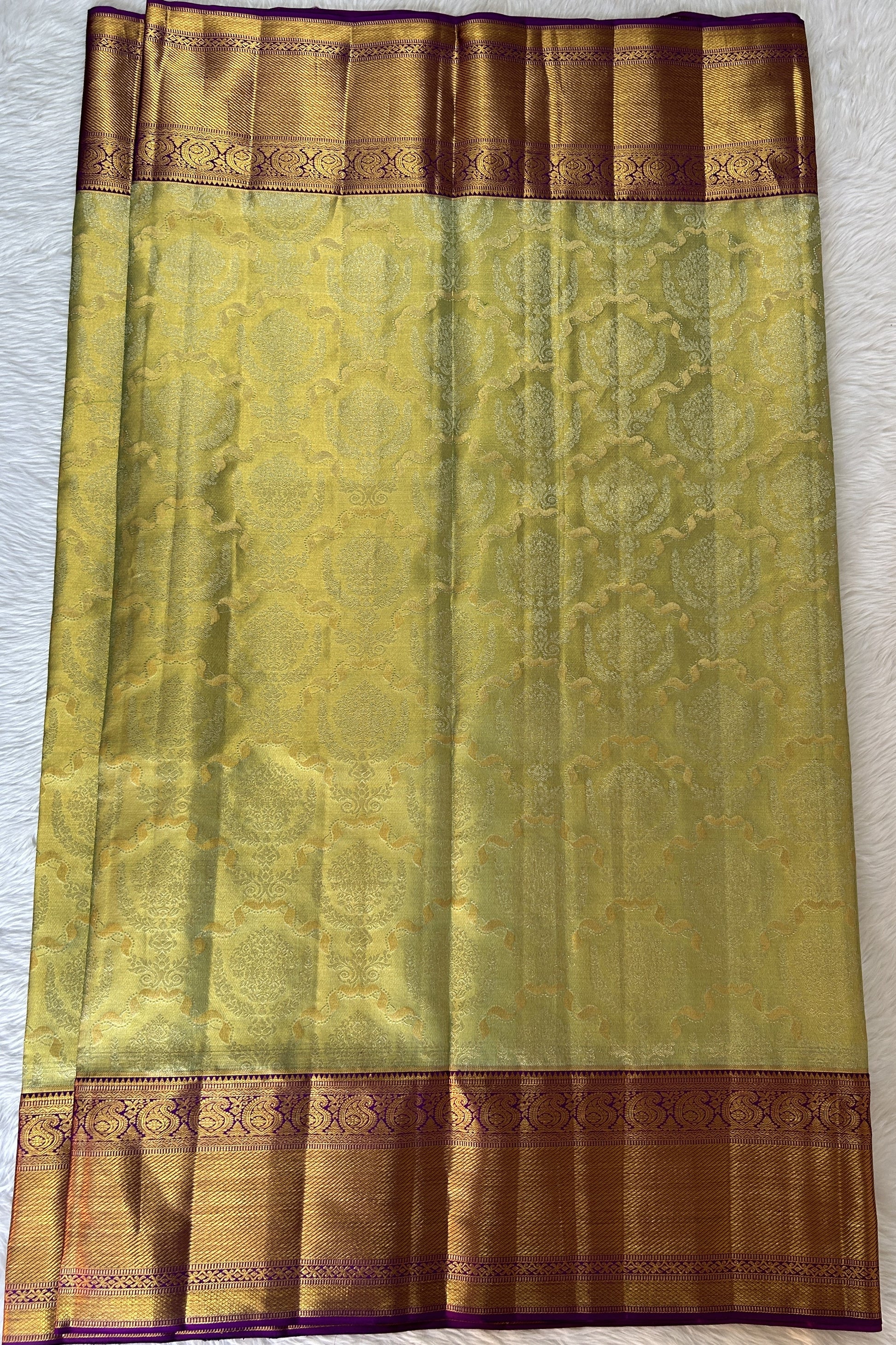 Kanjivaram Bridal Silk Saree Pastel Green colored Saree complemented with a Purple Colored Kanchi border. - Sampradaya Designer Studio