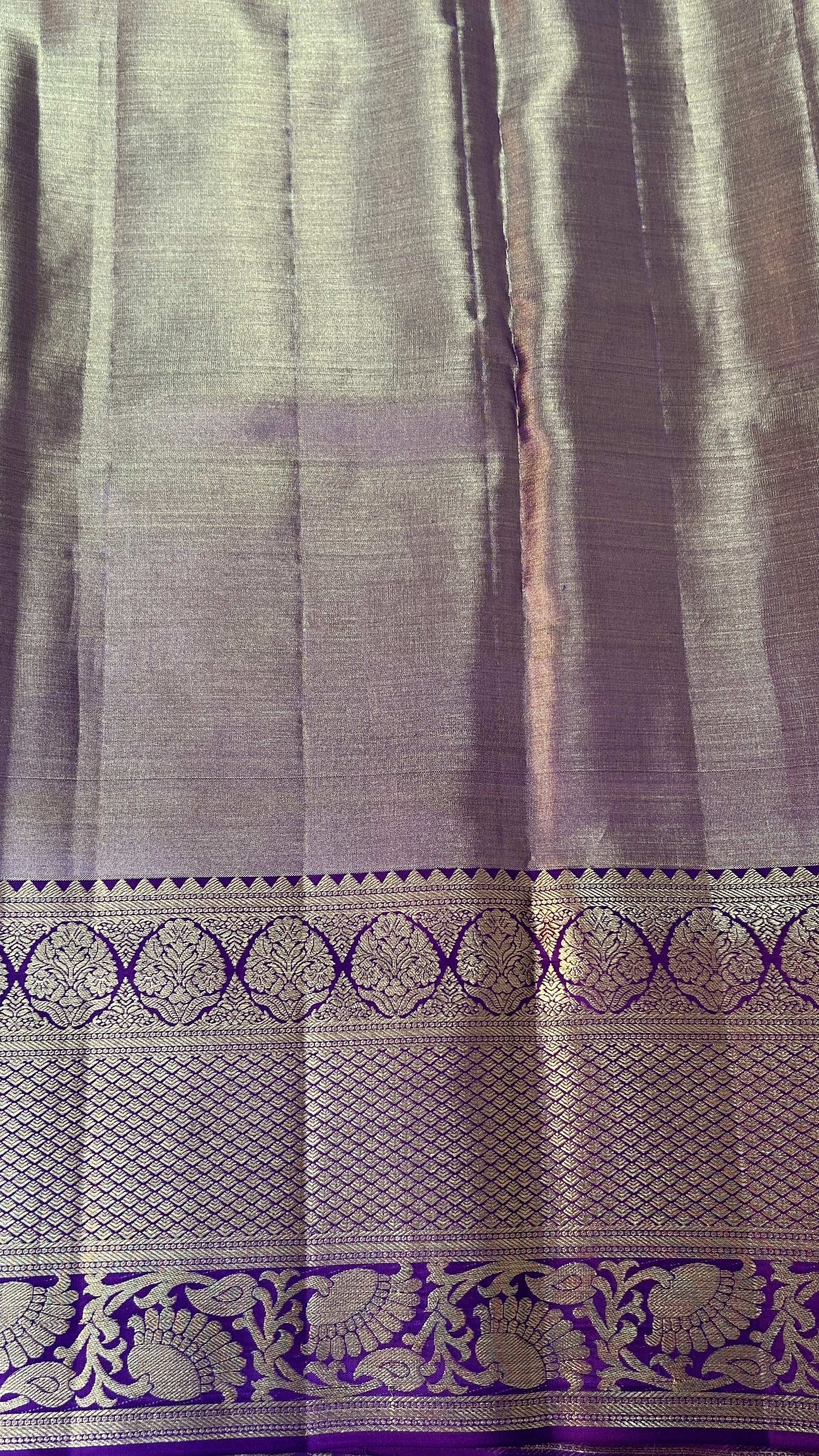 Kanjivaram Bridal Silk Saree Parrot Green colored Saree complemented with a Purple Colored Gold Kanchi border. - Sampradaya Designer Studio