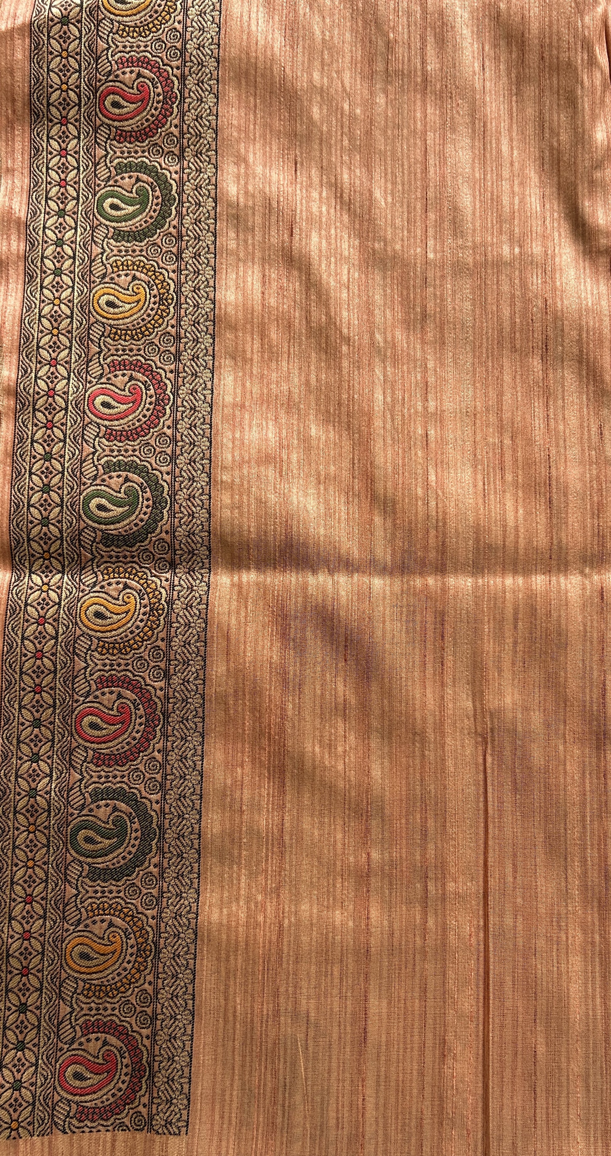 Semi Tussar Saree Peach Colored complemented with a Zari Border. - Sampradaya Designer Studio