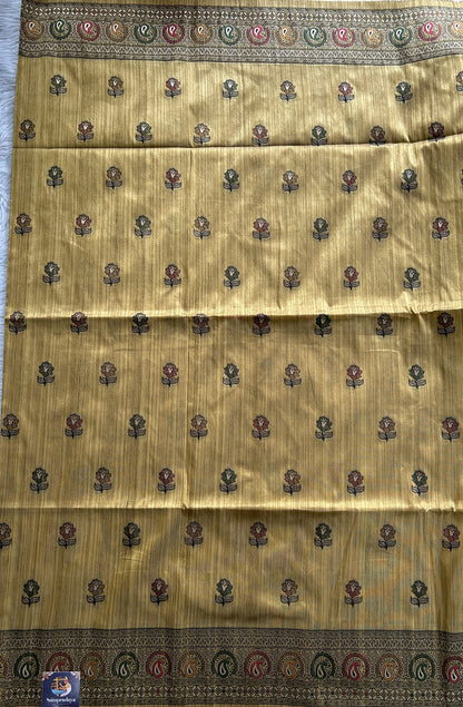 Semi Tussar Saree Turmeric Yellow Colored complemented with a Zari Border. - Sampradaya Designer Studio