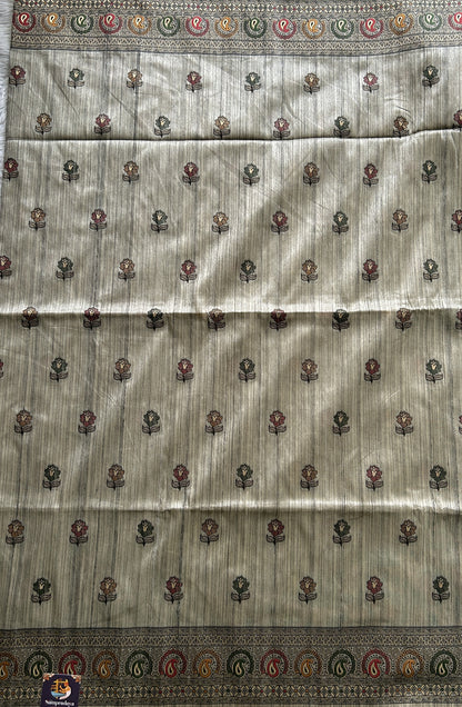 Semi Tussar Saree Gray Colored complemented with a Zari Border. - Sampradaya Designer Studio