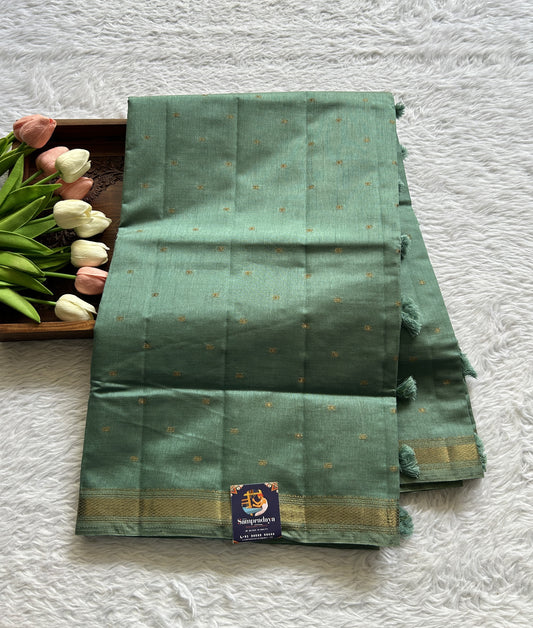 Semi Tussar Saree Sea Blue Colored Complemented with a Zari Border. - Sampradaya Designer Studio