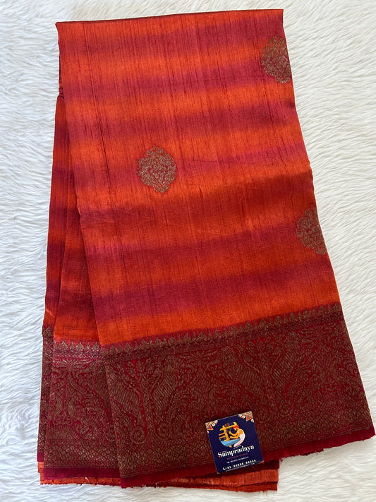 Banarasi Raw Silk Sarees Orange and Maroon Double Shaded Colored Saree Complemented With a Maroon Colored Intricate Weaving Border - Sampradaya Designer Studio