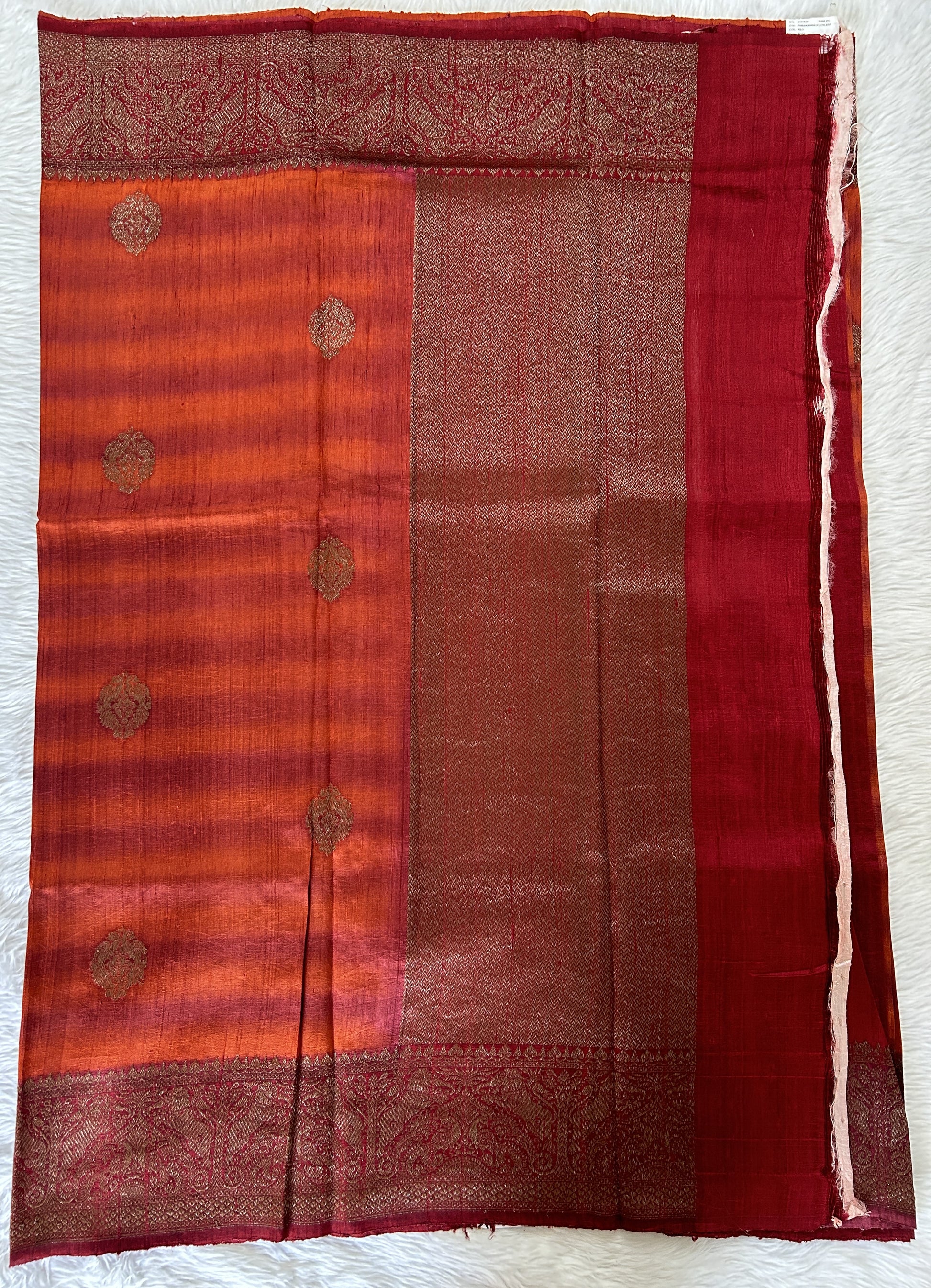 Banarasi Raw Silk Sarees Orange and Maroon Double Shaded Colored Saree Complemented With a Maroon Colored Intricate Weaving Border - Sampradaya Designer Studio