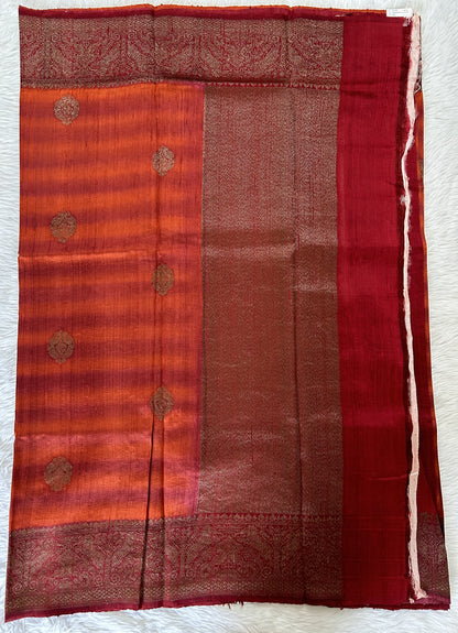 Banarasi Raw Silk Sarees Orange and Maroon Double Shaded Colored Saree Complemented With a Maroon Colored Intricate Weaving Border - Sampradaya Designer Studio