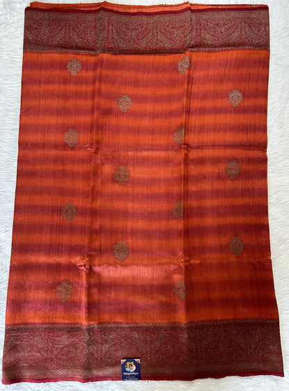 Banarasi Raw Silk Sarees Orange and Maroon Double Shaded Colored Saree Complemented With a Maroon Colored Intricate Weaving Border - Sampradaya Designer Studio