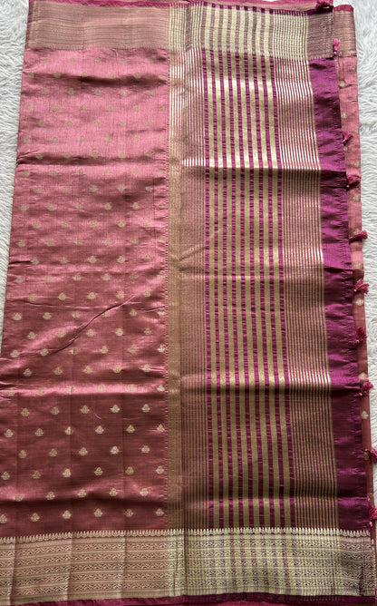 Semi Tussar Saree Dark Pink Colored Complemented with a Zari Border. - Sampradaya Designer Studio