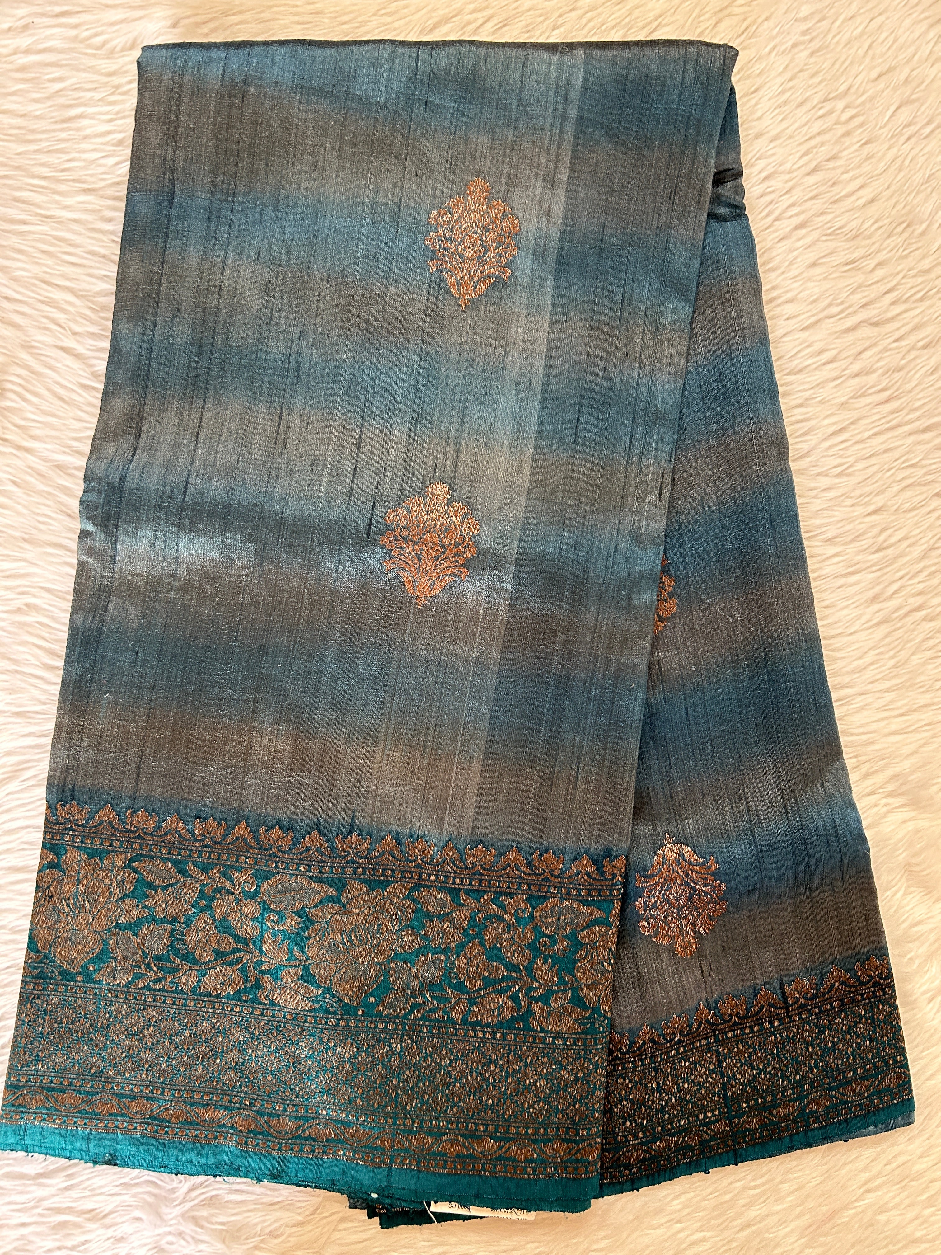 Banarasi raw silk saree blue with thread & zari woven buttas jute fini –  Cherrypick