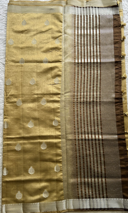 Semi Tussar Saree Cream Colored Complemented with a Zari Border. - Sampradaya Designer Studio