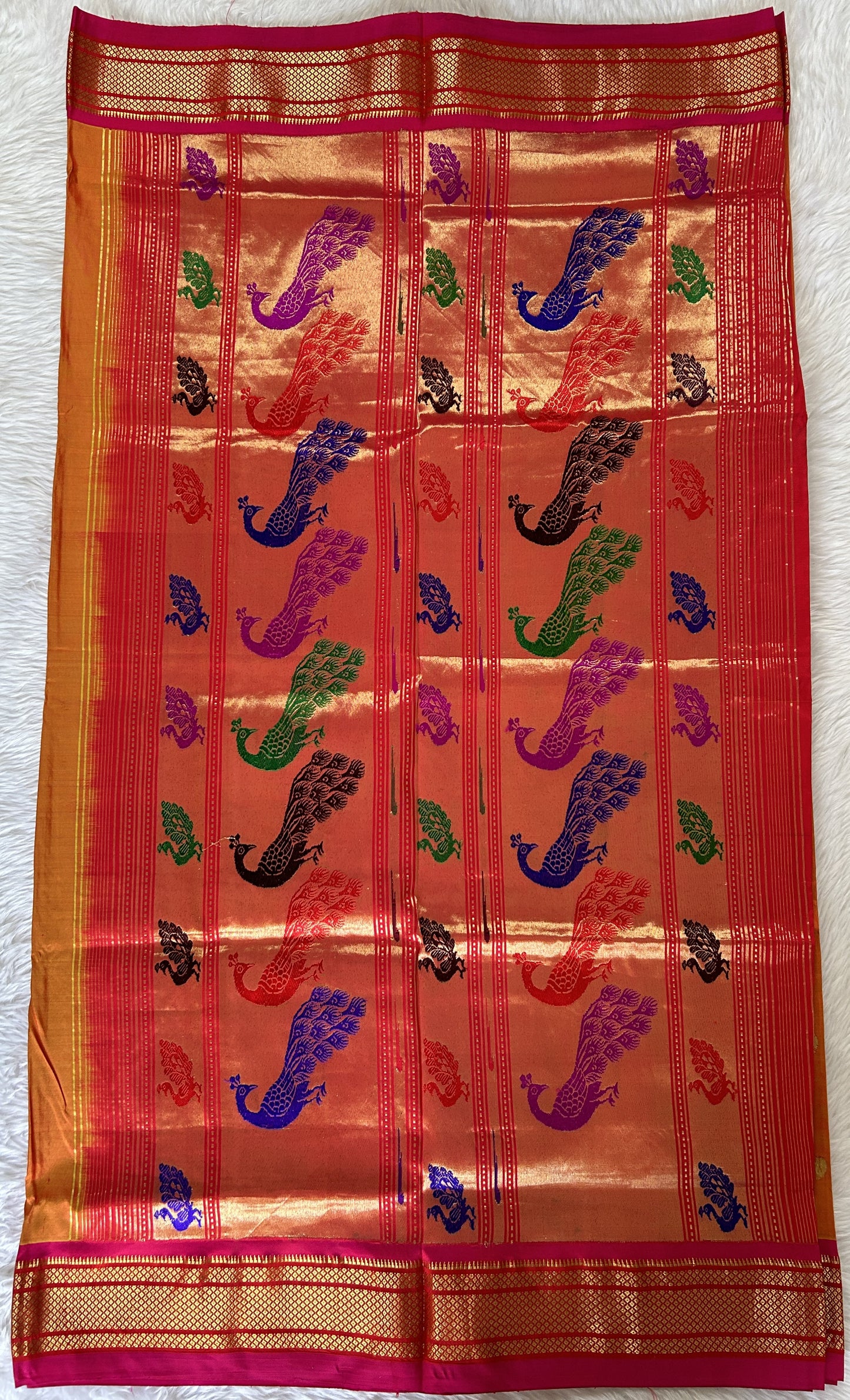 Paithani Silk Saree Orange Colored Complemented With a Pink Colored Irkal Border - Sampradaya Designer Studio