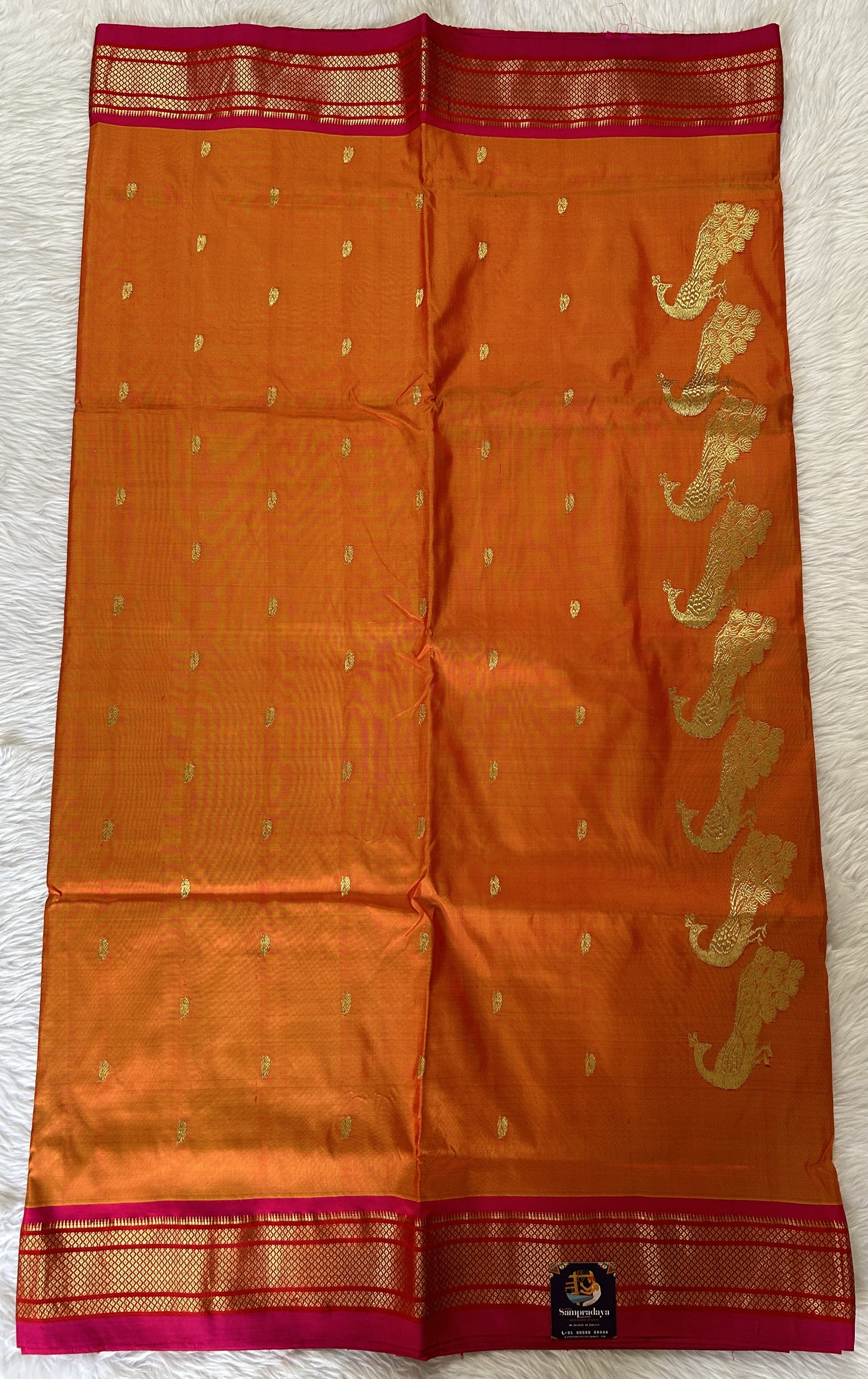 Paithani Silk Saree Orange Colored Complemented With a Pink Colored Irkal Border - Sampradaya Designer Studio