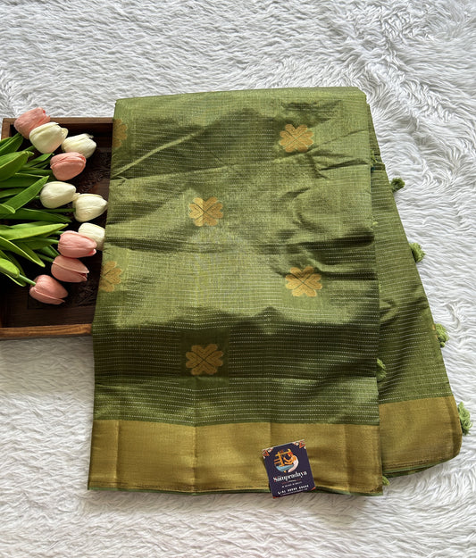 Semi Tussar Saree Green Colored Complemented with a Zari Border. - Sampradaya Designer Studio