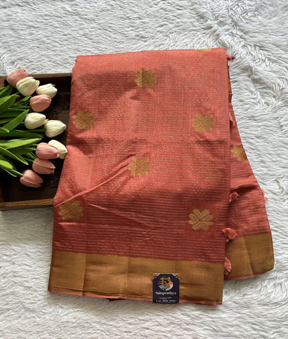 Semi Tussar Saree Peach Colored Complemented with a Zari Border. - Sampradaya Designer Studio