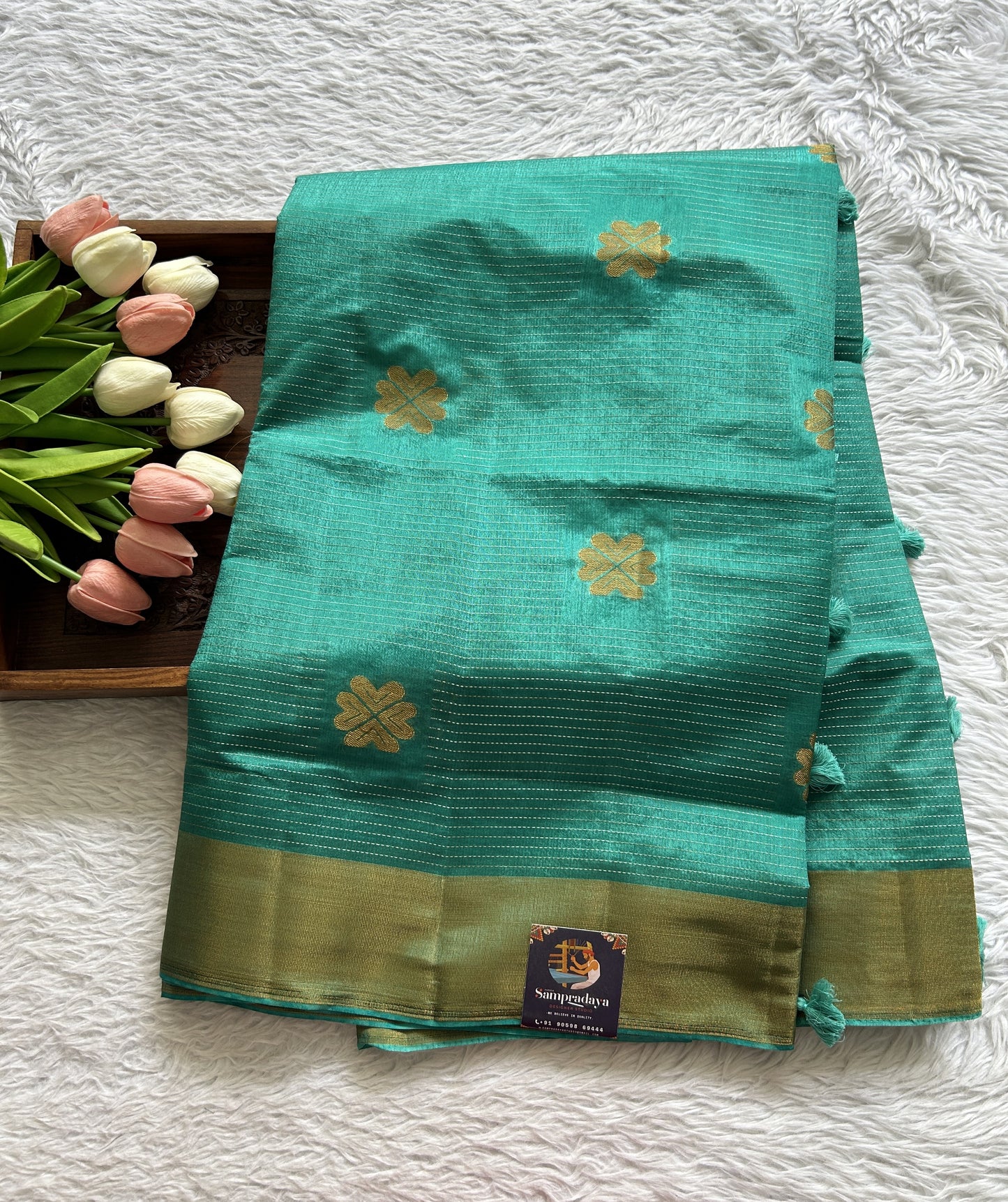 Semi Tussar Saree Sea Blue Colored Complemented with a Zari Border. - Sampradaya Designer Studio