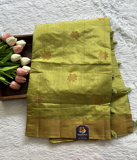 Semi Tussar Saree Olive Green Colored Complemented with a Zari Border. - Sampradaya Designer Studio