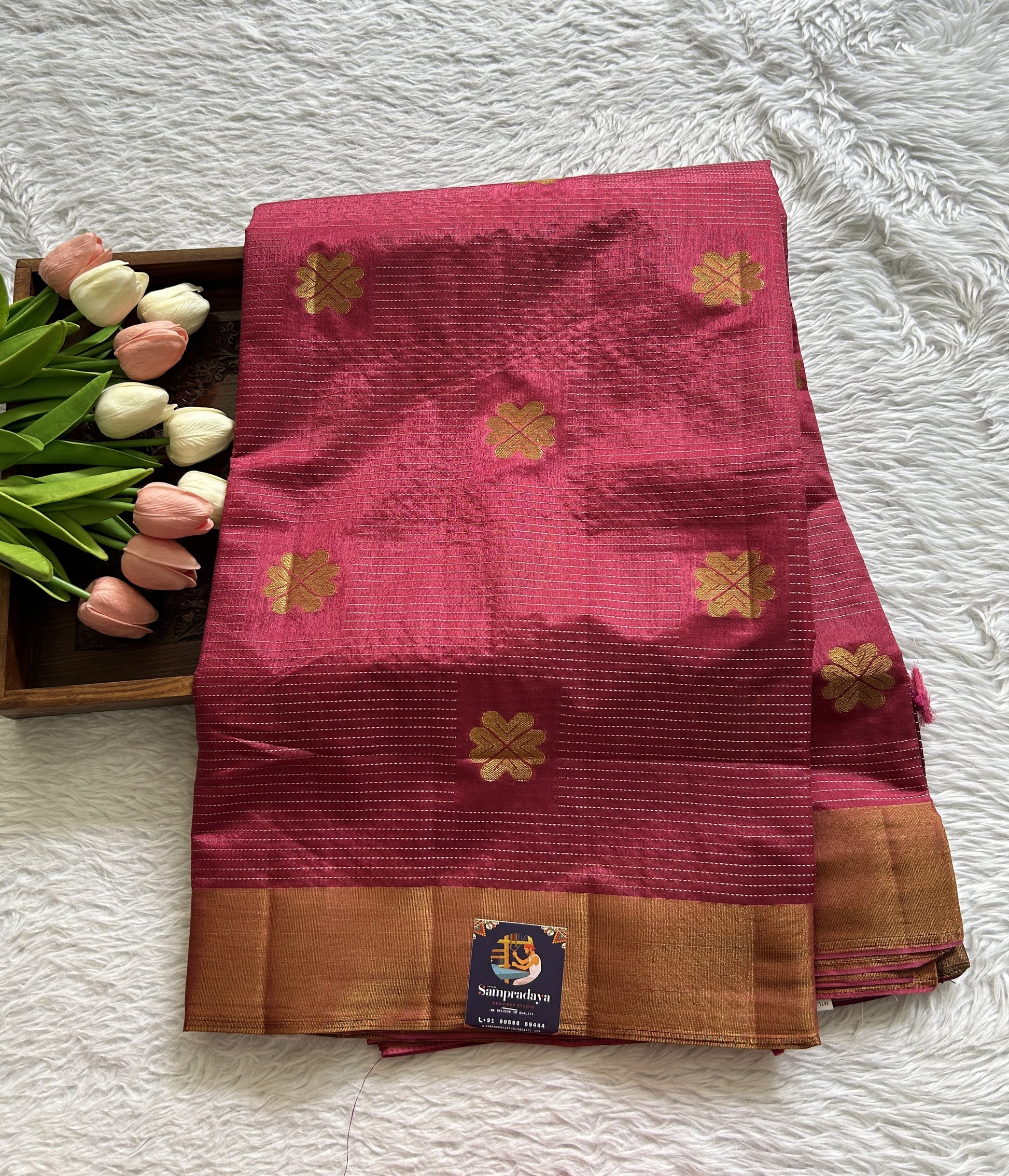 Semi Tussar Saree Pink Colored Complemented with a Zari Border. - Sampradaya Designer Studio