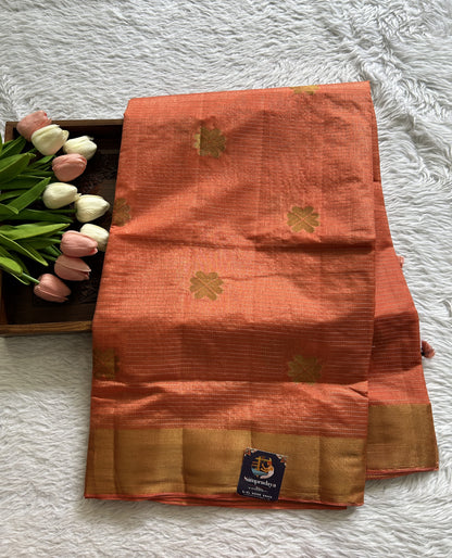 Semi Tussar Saree Pastel Orange Colored Complemented with a Zari Border. - Sampradaya Designer Studio