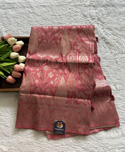 Semi Tussar Saree Pink Colored Complemented with a Zari Border. - Sampradaya Designer Studio