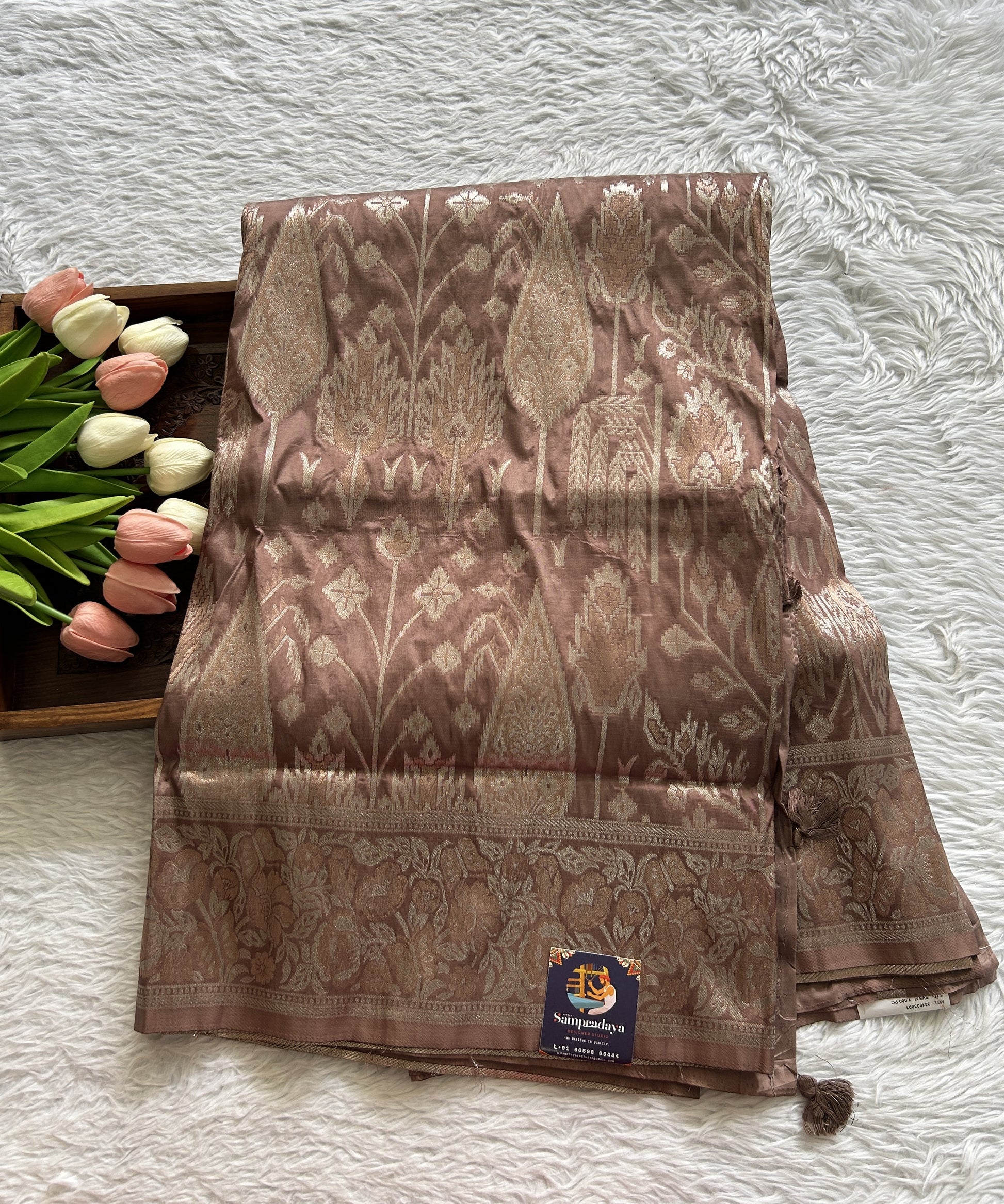 Semi Tussar Saree Chocolate Colored Complemented with a Zari Border. - Sampradaya Designer Studio